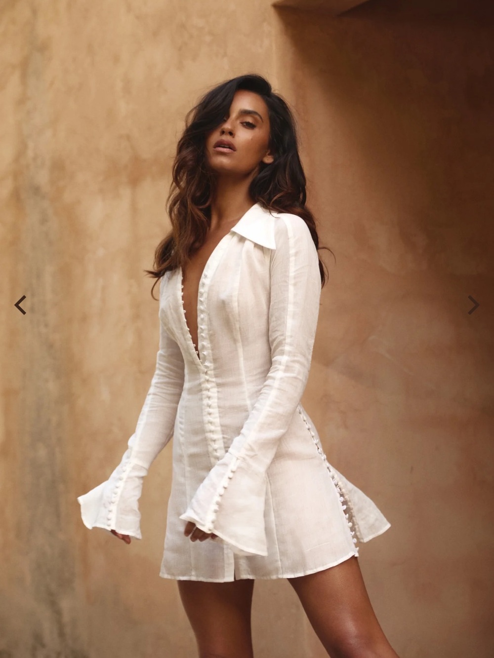 White Mini Shirt Dress with Button-Trim Detail (Linen)